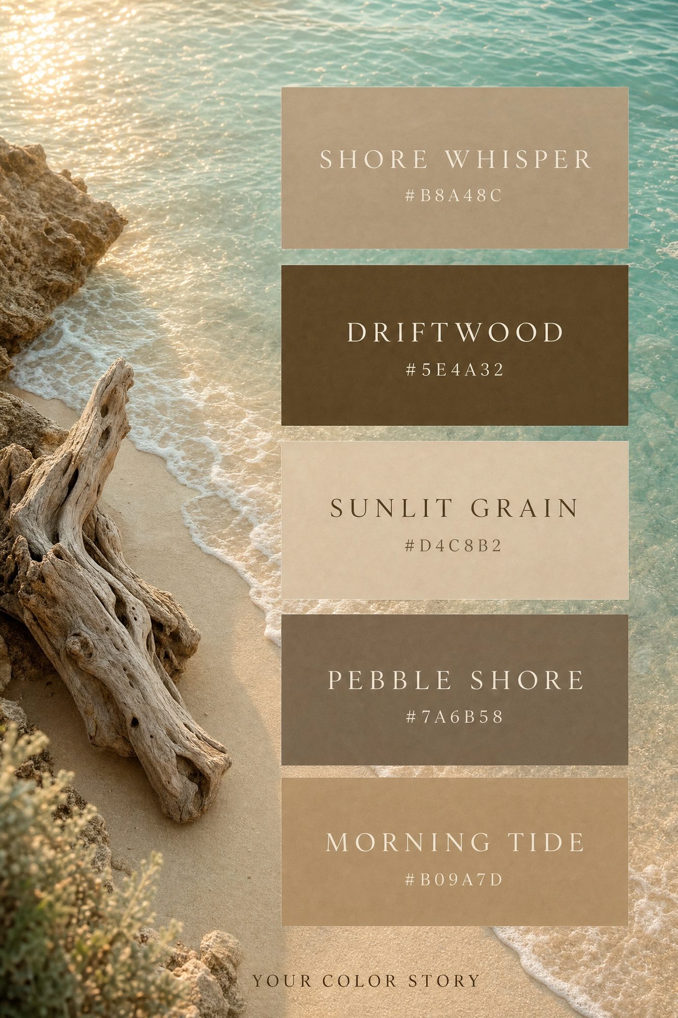 Colorpass-Beispiel in Küstentönen: Driftwood, Sunlit Grain, Morning Tide