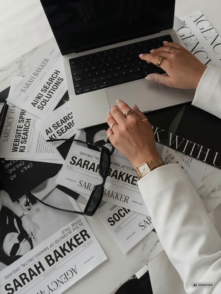 Hände am Laptop, darum ausgebreitet gedruckte Markenbögen von Sarah Bakker